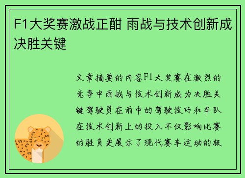 F1大奖赛激战正酣 雨战与技术创新成决胜关键